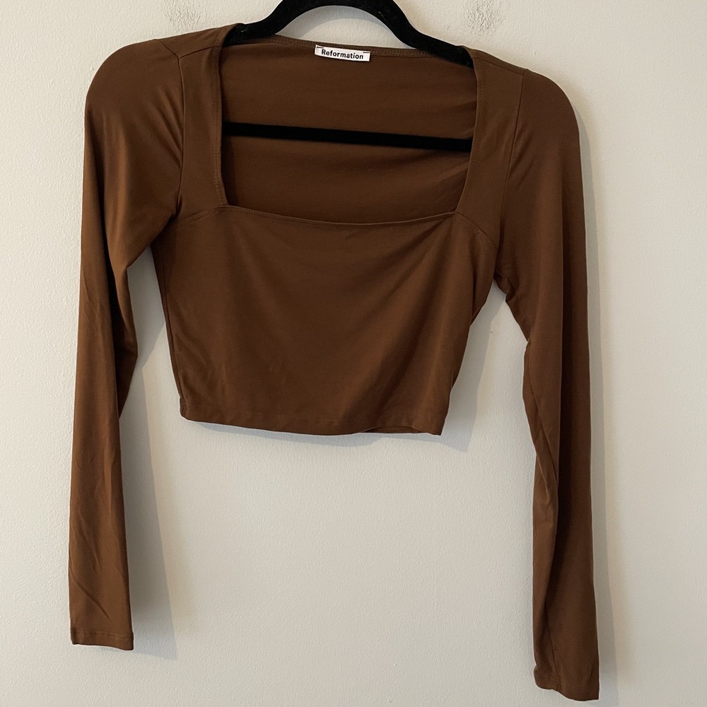 Reformation Square Neck Long Sleeve Crop‎ Top Brown SizeXS Stretch Capsule Basic